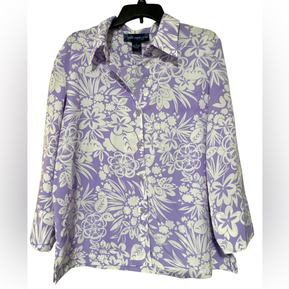 Susan Graver Purple and White 3/4 Sleeve Button Down Shirt - Size L